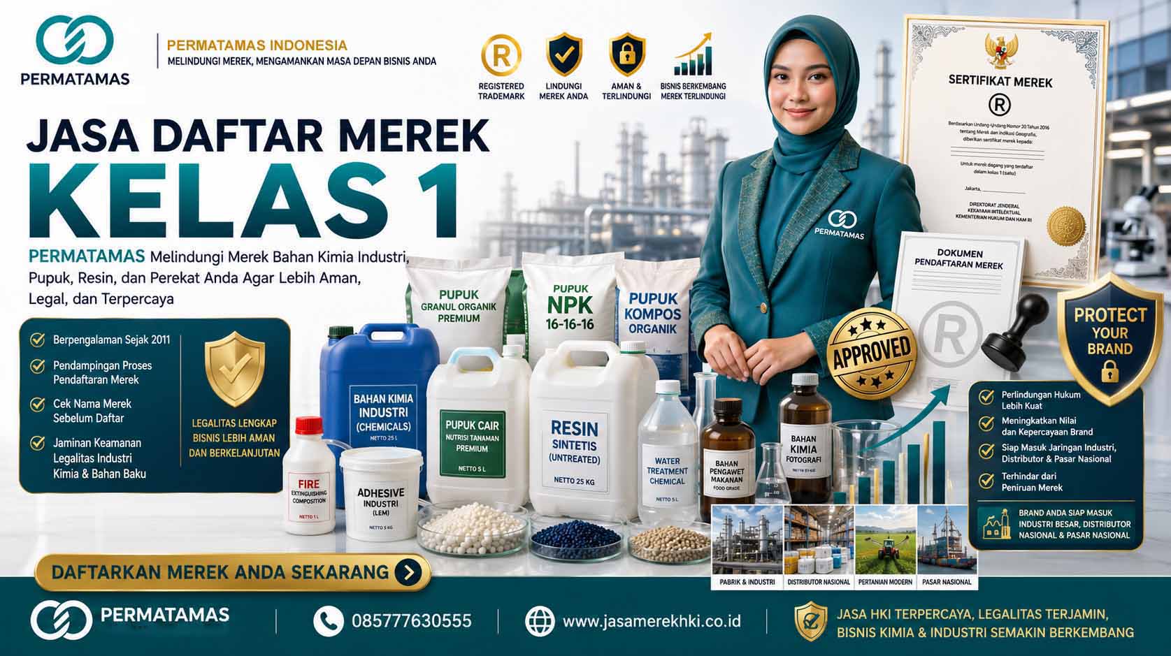 Jasa Pendaftaran Merek Kelas 1 Bahan Kimia Industri, Pupuk Tanaman, Resin Sintetis, Plastik Mentah, dan Pemadam Api Resmi PERMATAMAS
