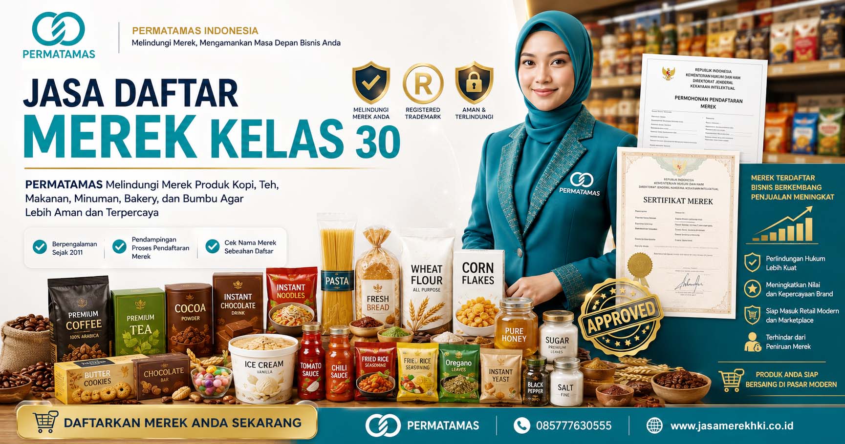 Jasa Pendaftaran Merek Kelas 30 Kopi, Teh, Cokelat, Beras, Roti, Kue, dan Bumbu Dapur Resmi PERMATAMAS