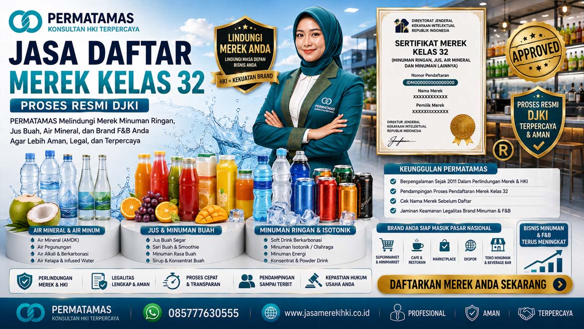 Jasa Pendaftaran Merek Kelas 32 Minuman, Air Mineral, Bir, Jus, Sirup, dan Minuman Non-Alkohol Resmi PERMATAMAS