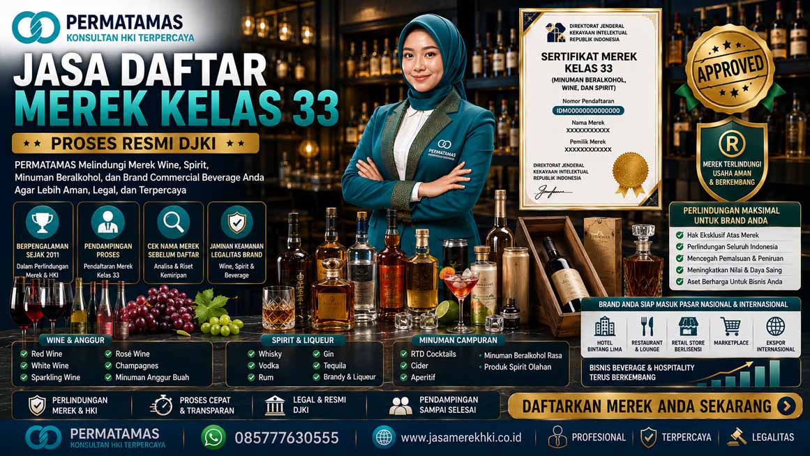 Jasa Pendaftaran Merek Kelas 33 Minuman Beralkohol, Anggur, Wiski, Likur, dan Bir Beralkohol Resmi PERMATAMAS