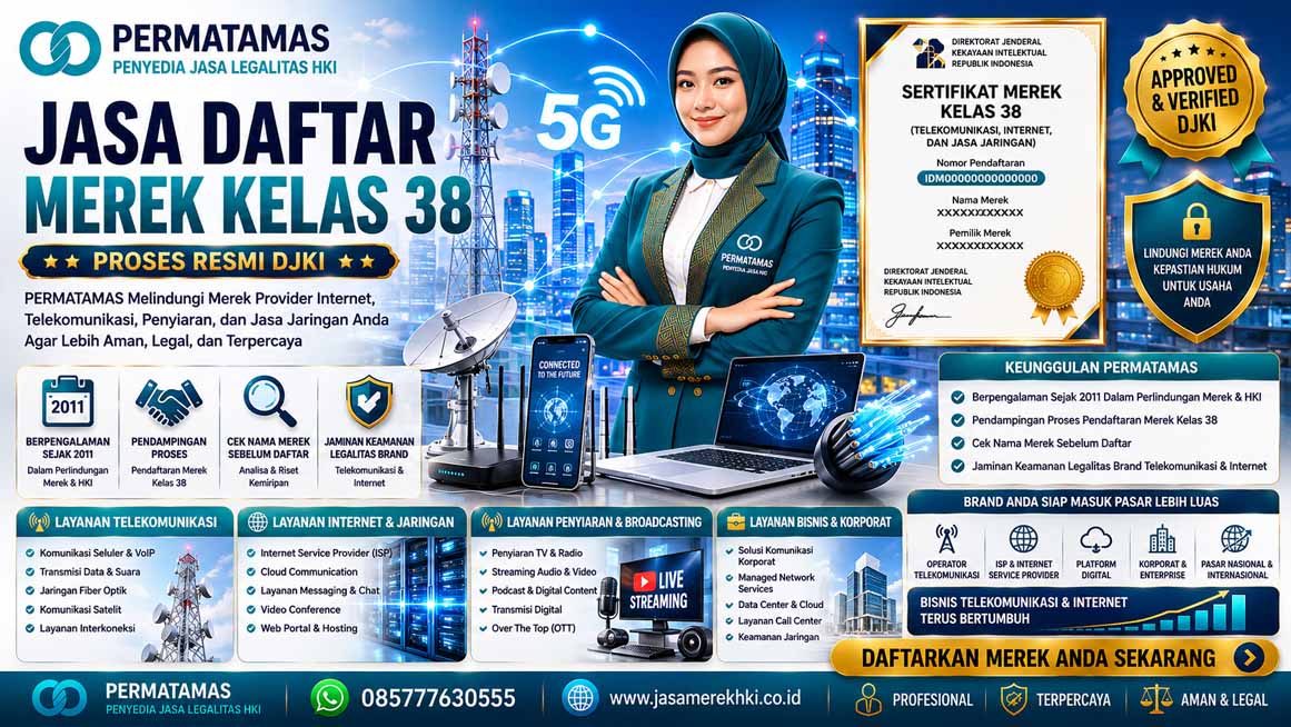 Jasa Pendaftaran Merek Kelas 38 Layanan Telekomunikasi, Penyiaran TV, Provider Internet, dan Streaming Resmi PERMATAMAS