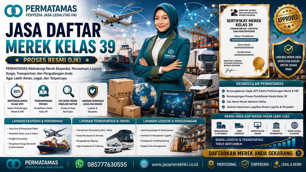 Jasa Pendaftaran Merek Kelas 39 Jasa Ekspedisi, Pengiriman Barang, Travel Wisata, dan Logistik Transportasi Resmi PERMATAMAS
