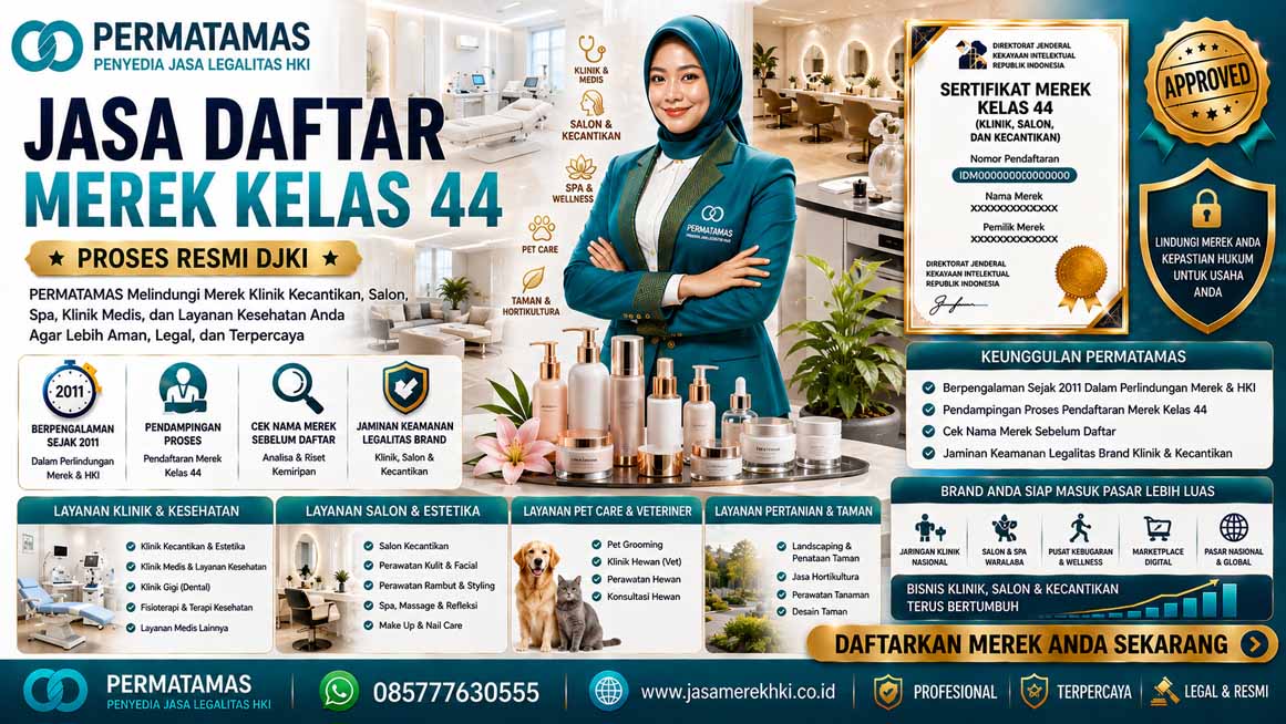 Jasa Pendaftaran Merek Kelas 44 Klinik Kesehatan, Rumah Sakit, Salon Kecantikan, Spa, Rumah Sakit Hewan, dan Perawatan Taman Resmi PERMATAMAS