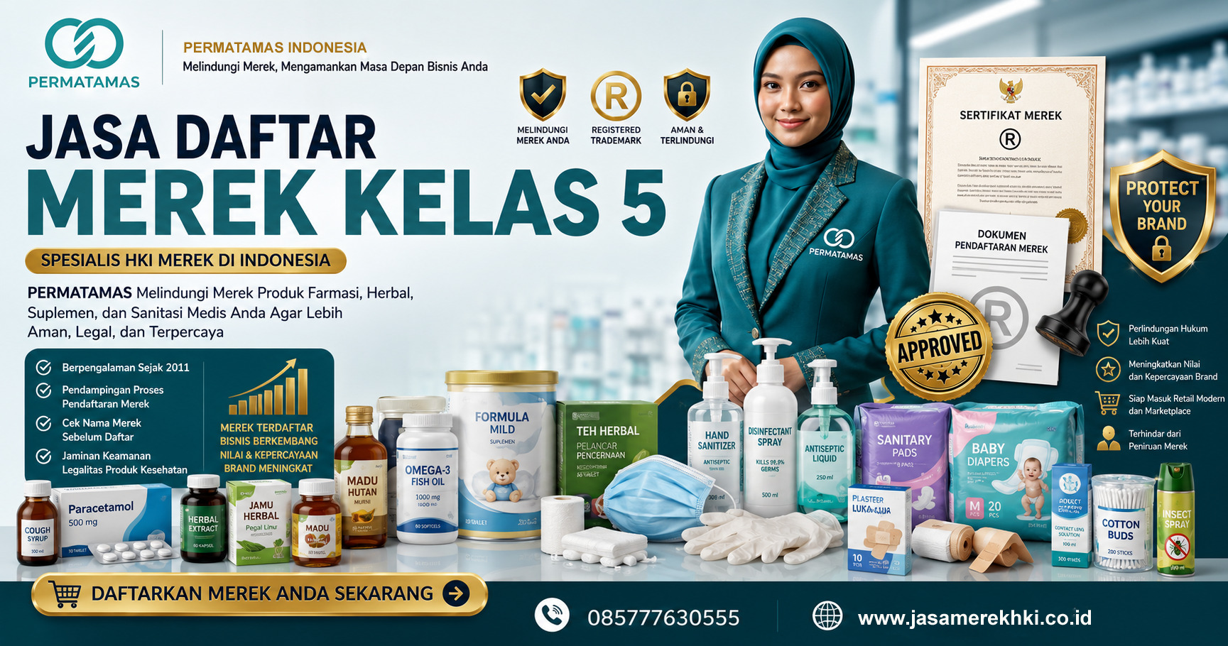 Jasa Pendaftaran Merek Kelas 5 Obat-Obatan, Farmasi, Suplemen Kesehatan, Disinfektan, dan Produk Medis Resmi PERMATAMAS