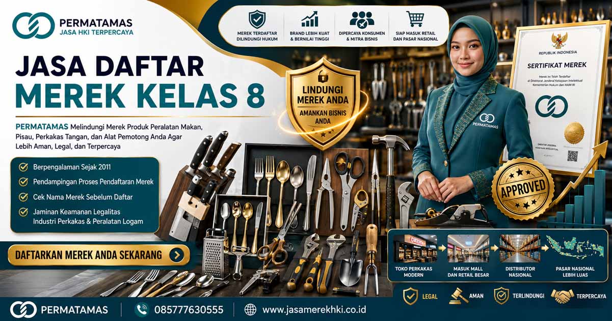Jasa Pendaftaran Merek Kelas 8 Perkakas Tangan, Alat Potong, Pisau Industri, Sendok Garpu, dan Alat Cukur Resmi PERMATAMAS
